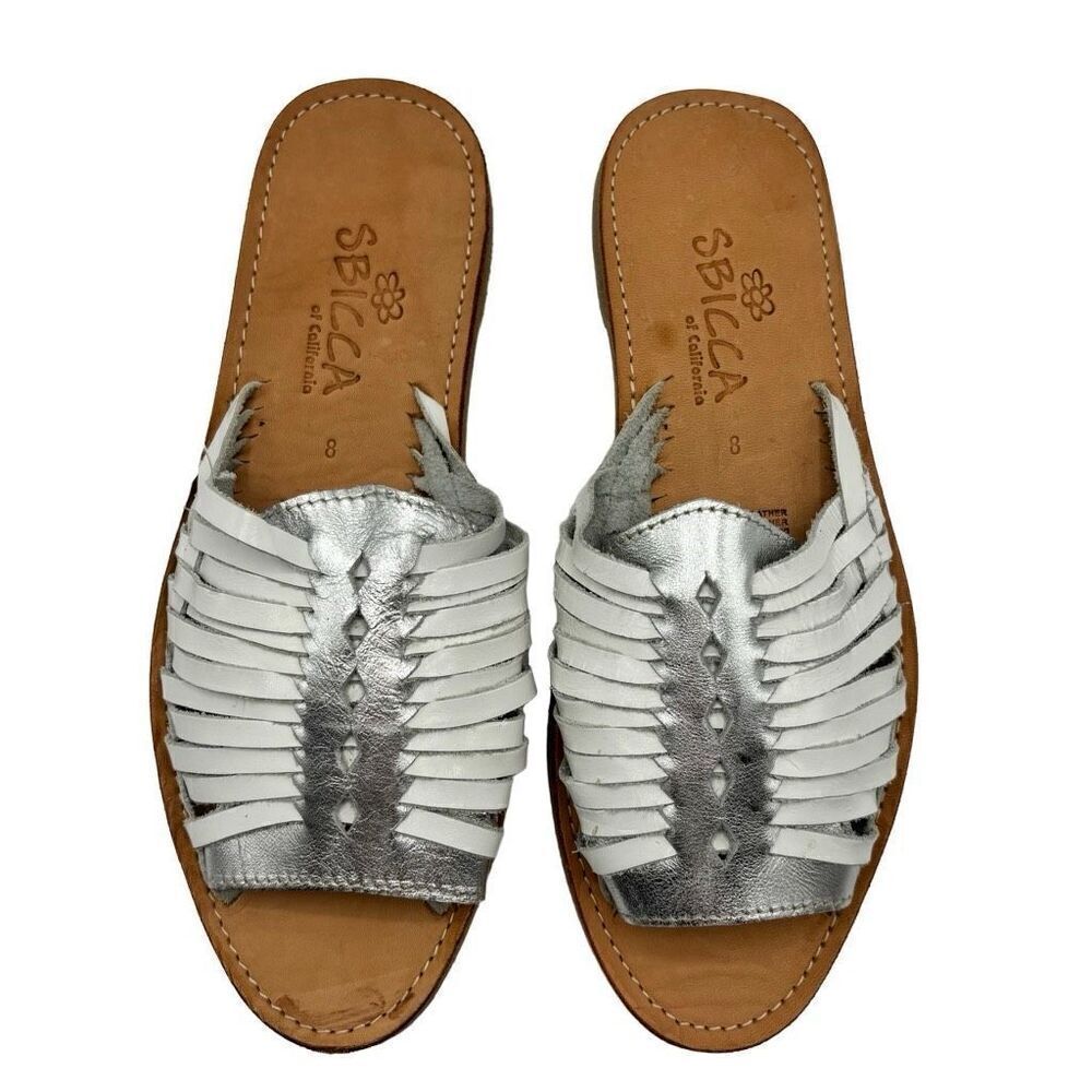 Sbicca Women's Baines‎ Flat Leather Sandals White/Silver Size 8 NWT